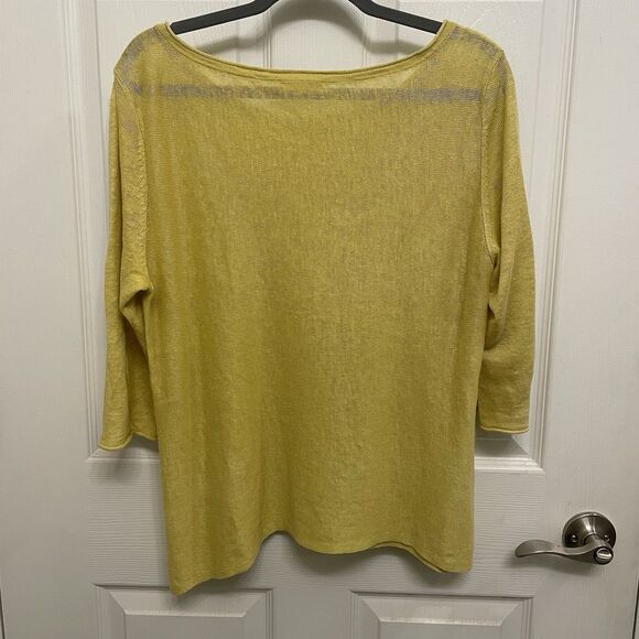 EILEEN FISHER 100% Linen 3/4 Sleeve Top Large Yellow Bateau Neck - Picture 2 of 6